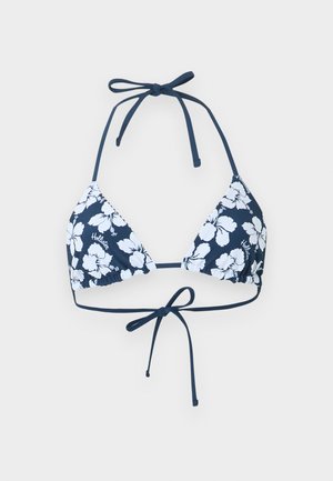 Tengerészkék háromszög bikini felső fehér hibiszkusz virág mintával és vékony, állítható nyak- és hátkötőkkel, fehér háttéren laposan elhelyezve.