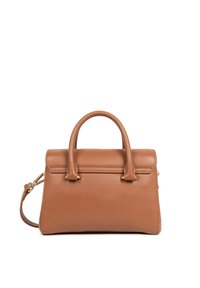Sac à main en cuir marron avec un design structuré, des poignées supérieures, une bandoulière amovible et des accents en métal doré. Texture lisse.