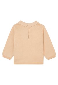 Beige gebreide pullover met een kraagnek, lange mouwen en geribde manchetten. Zachte textuur en eenvoudig ontwerp zonder patronen.