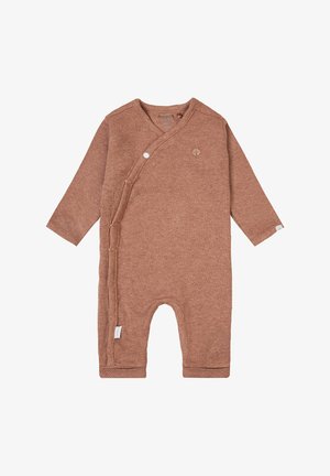 Geripptes Langarm-Einteil mit Karamellfarbe, seitlichem Druckverschluss und Knopfakzenten. Verfügt über eine weiche Textur und ein kleines Logo-Detail.