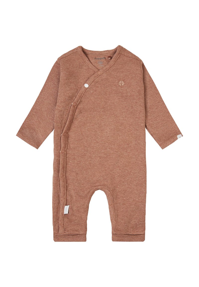 Ribbad långärmad bodysuit i terrakotta med knappstängning på sidan och knappdetaljer. Har en mjuk textur och en liten logotypdetalj.