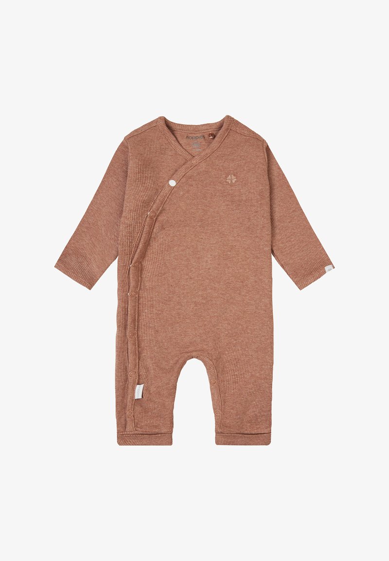 Geripptes Langarm-Einteil mit Karamellfarbe, seitlichem Druckverschluss und Knopfakzenten. Verfügt über eine weiche Textur und ein kleines Logo-Detail.