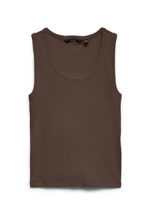 Rjav rebrast brezrokavnik z zaobljenim izrezom, položen na ravno površino na belem ozadju.