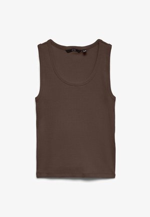 Débardeur marron côtelé sans manches avec encolure arrondie, posé à plat sur fond blanc.