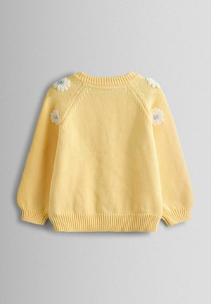 Dzeltena adīta džempera ar garām piedurknēm, uz pleciem izšūtas puķes un ar ribotu apkakli un aprocēm. Attēlots no mugurpuses.