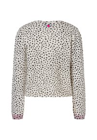 Leichter Strickpullover mit einem schwarzen Punktmuster auf einem cremefarbenen Hintergrund. Lange Ärmel mit pinken Akzenten an den Bündchen. Rückansicht gezeigt.