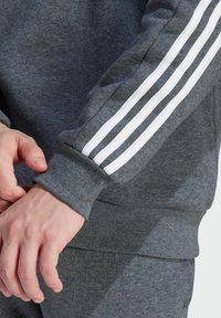 Felpa grigia con design a tre strisce bianche sulle maniche. Realizzata in un tessuto morbido, presenta una vestibilità comoda e polsini a costine per un comfort aggiuntivo.