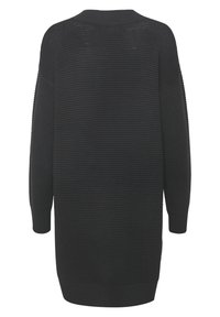Maglione nero oversize in maglia con texture a coste, maniche lunghe e scollatura rotonda. Presenta un orlo dritto e un design con spalle scese.