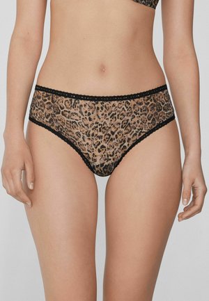 Sous-vêtements hipster à motif léopard avec un tissu semi-transparent, une finition en dentelle noire et une taille élastique pour un confort optimal.