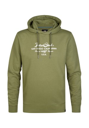 Olijfgroene hoodie met witte tekst voorop: "Petrol Only San Diego California U.S.A." en verstelbare trekkoorden.