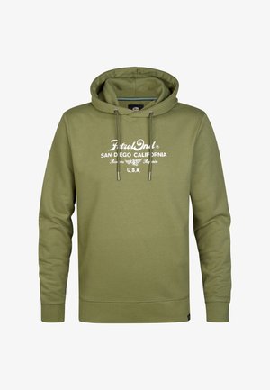 Olijfgroene hoodie met witte tekst voorop: "Petrol Only San Diego California U.S.A." en verstelbare trekkoorden.