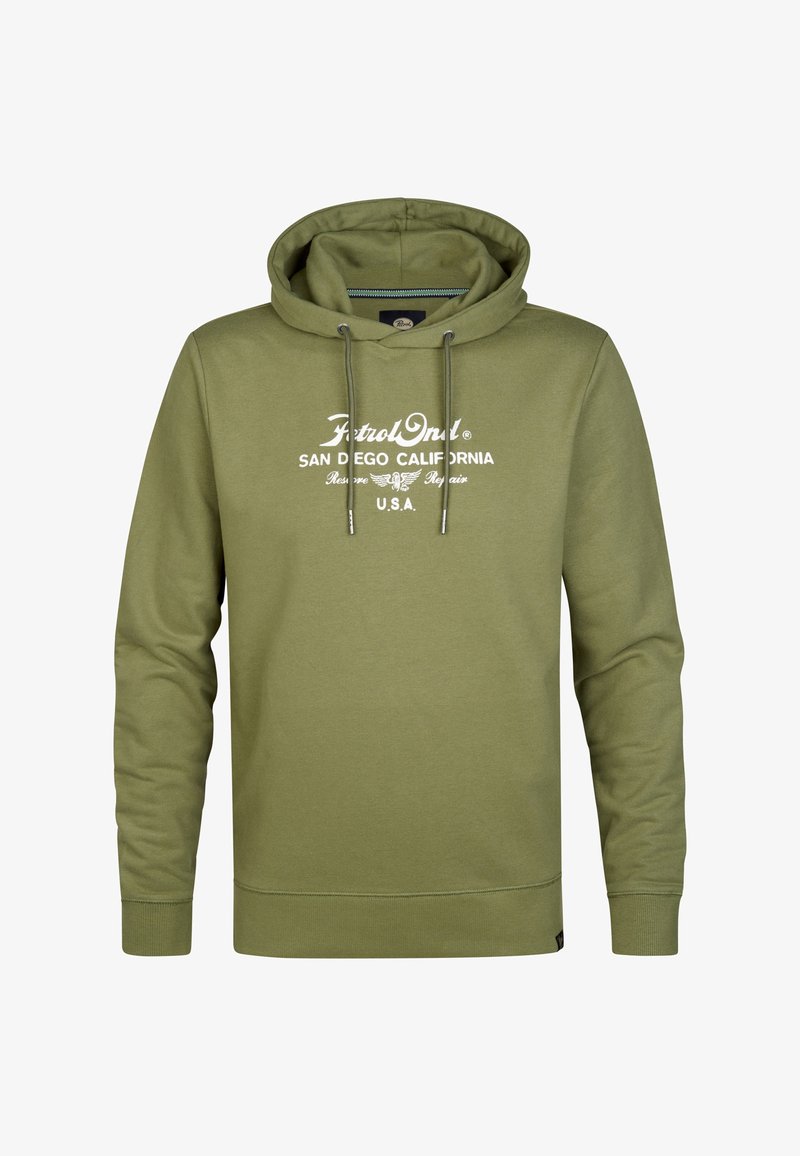 Sudadera con capucha de color verde oliva con texto blanco en el frente que dice "Solo Gasolina San Diego California EE.UU." y cordones ajustables.