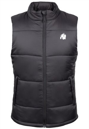 Zwarte puffer gilet met hoge kraag, vooraan met ritssluiting en zijzakken. Bevat een logo op de linkerkant van de borst en is voorzien van een gestikte textuur.
