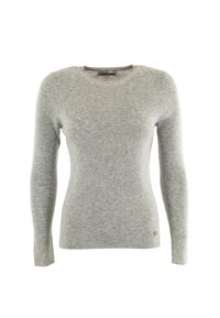Maglione grigio a maniche lunghe realizzato in tessuto a coste. Presenta una scollatura rotonda e una leggera texture, con un piccolo logo in evidenza vicino al fondo.