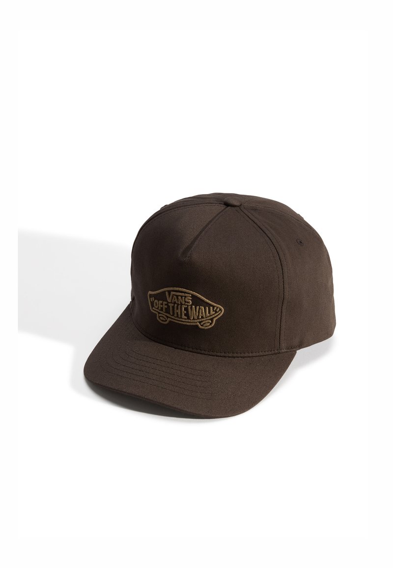 Gorra marrón con un diseño estructurado, que presenta un logo bordado de "VANS OFF THE WALL" en color beige en la parte frontal y una visera curva.