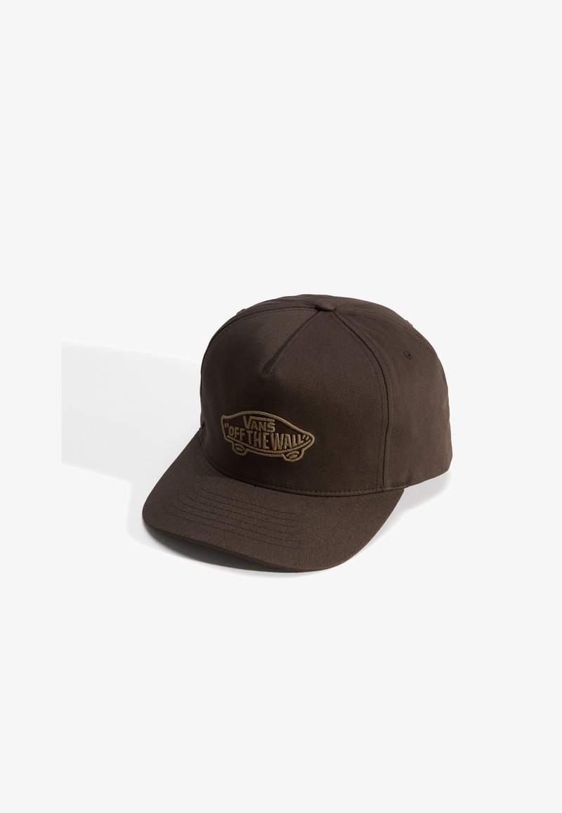 Gorra marrón con un diseño estructurado, que presenta un logo bordado de "VANS OFF THE WALL" en color beige en la parte frontal y una visera curva.