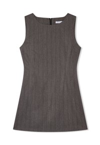 Abito senza maniche marrone con strisce verticali, scollatura tonda e zip sul retro nascosta. Vestibilità sartoriale, orlo svasato. Tessuto testurizzato.