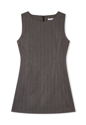 Abito senza maniche marrone con strisce verticali, scollatura tonda e zip sul retro nascosta. Vestibilità sartoriale, orlo svasato. Tessuto testurizzato.