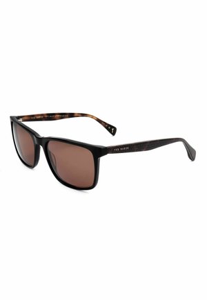 Occhiali da sole rettangolari neri con lenti marroni sfumate e aste marrone scuro texturizzate, con il logo Ted Baker sulle aste.