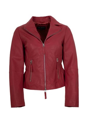 Rote Damenlederjacke mit Frontreißverschluss, zwei Reißverschlusstaschen und weitem Kragen, Größe 36 von Jilani.