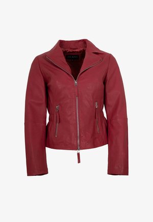 Rote Damenlederjacke mit Frontreißverschluss, zwei Reißverschlusstaschen und weitem Kragen, Größe 36 von Jilani.