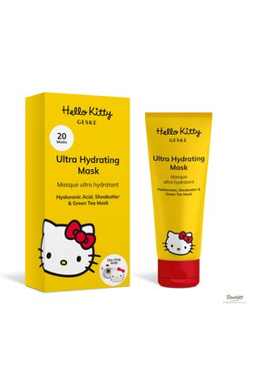 Hello Kitty Geske Ultra Hydrating Mask Tube und Box in Gelb mit Hyaluronsäure, Sheabutter und Grüntee-Inhaltsstoffen.
