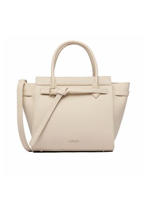 Beige leather handbag with dual handles, adjustable shoulder strap, front decorative strap, and small gold "LASOCKI" logo.