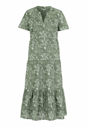 Vihreä kerroksellinen midihame lyhyillä hihoilla, V-pääntiellä ja valkoisella kukkakuvioisella lehden painatuksella.