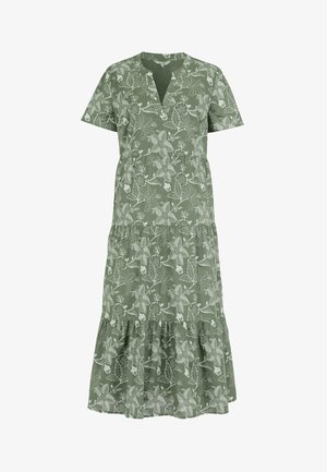 Zielona sukienka midi na warstwach z krótkimi rękawami, dekoltem w serek oraz białym nadrukiem kwiatowych liści.