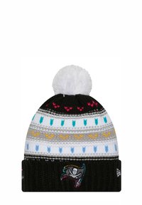 Berretto di maglia nera con pom-pom bianco, caratterizzato da modelli a zigzag colorati in blu, giallo, rosa e grigio; logo ricamato sul bordo.