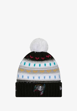 Black knit beanie with white pom-pom, featuring colorful zigzag patterns in blue, yellow, pink, and gray; embroidered logo on the cuff.