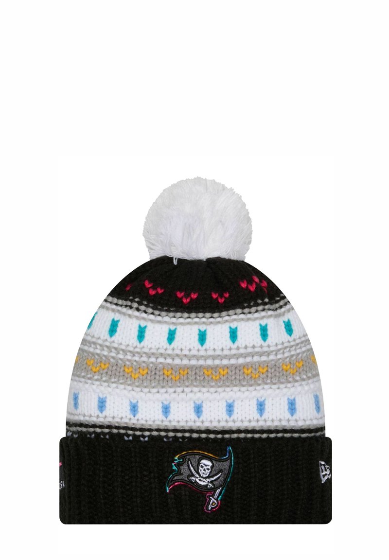 Berretto di maglia nera con pom-pom bianco, caratterizzato da modelli a zigzag colorati in blu, giallo, rosa e grigio; logo ricamato sul bordo.