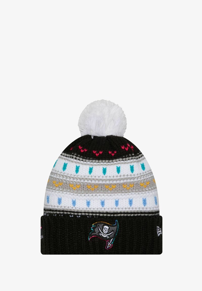 Berretto di maglia nera con pom-pom bianco, caratterizzato da modelli a zigzag colorati in blu, giallo, rosa e grigio; logo ricamato sul bordo.