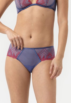 Bra and panty set featuring sheer blue fabric with intricate red lace detailing, highlighting a geometric pattern on the edges.