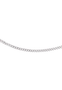 Catena in metallo argento con anelli intrecciati, caratterizzata da una superficie liscia e una finitura lucida. Il design è uniforme lungo tutta la sua lunghezza.
