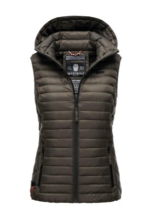 Polstret vest i mørk olivengrøn med hætte, frontlynlås og to sidelommer. Har et quiltet design med en glat overflade.