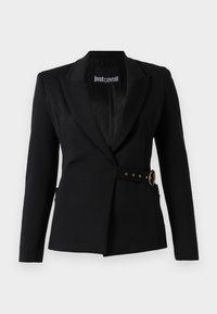 Blazer noir en tissu structuré, doté d'un design croisé, de larges revers et d'un détail de ceinture dorée avec une boucle circulaire.