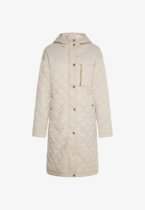 Pitkä beige vuorattu takki hupulla, kultaisilla napilla, vetoketjullisella rintataskulla ja kahdella sivutaskulla. Pehmeä pinta modernilla muotoilulla.