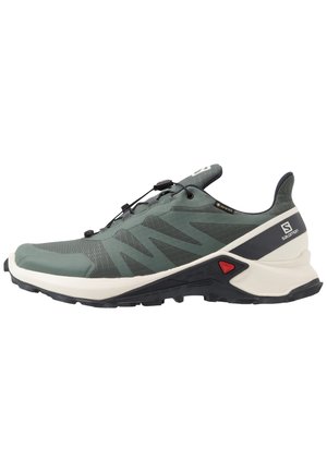 Chaussure de trail running verte et noire avec un système de laçage rapide, une semelle robuste et une semelle intermédiaire blanche, arborant un logo Salomon au talon.