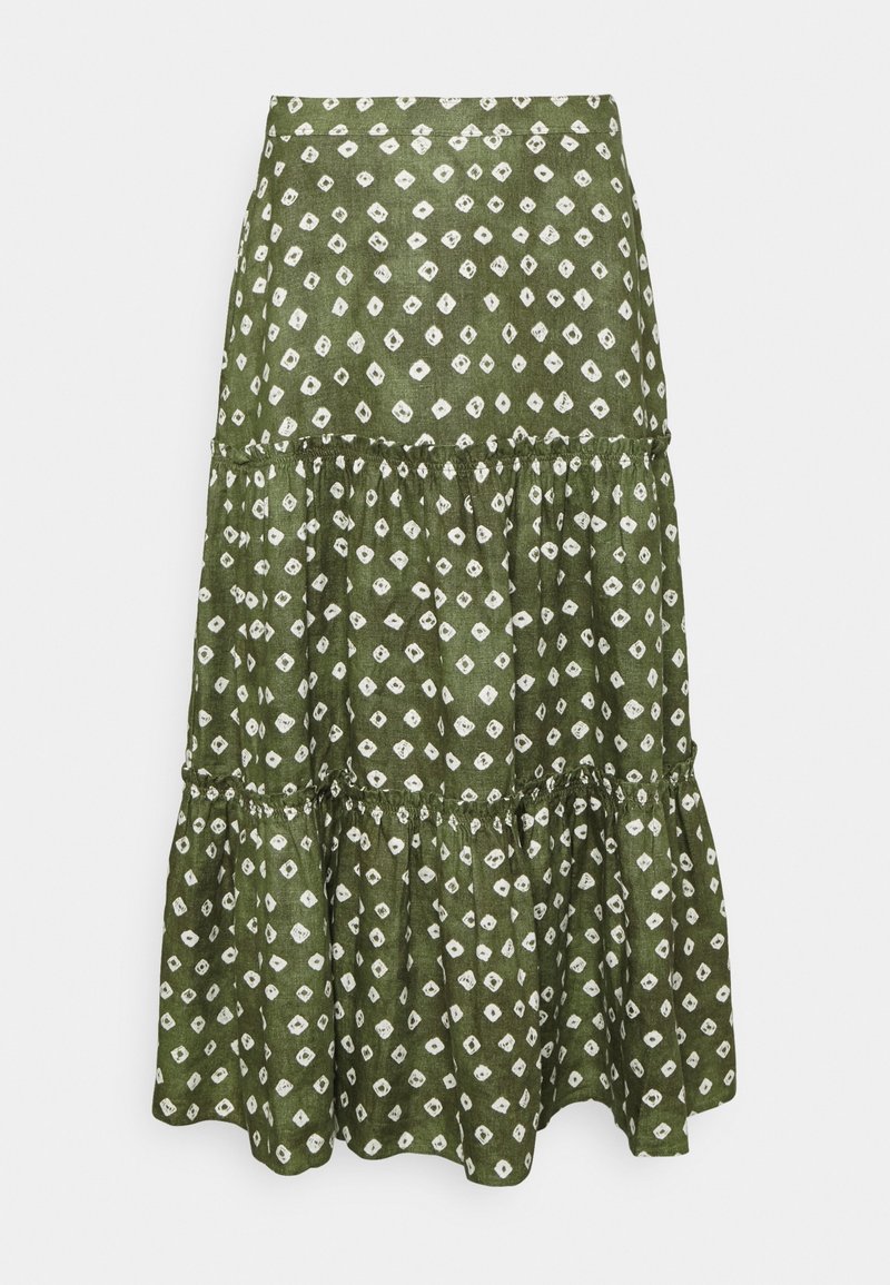 Zelená sukně s vzorem vyrobená z lehkého materiálu, s vrstveným designem a bílými diamantovými tvary, s nabraným lemem.