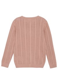Strikket genser i myk rosa med vertikale striper og hullmønster. Har lange ermer og rund hals.
