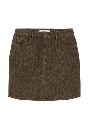 Mini-jupe en denim marron avec imprimé léopard, poches avant, passants pour ceinture et fermeture par bouton.