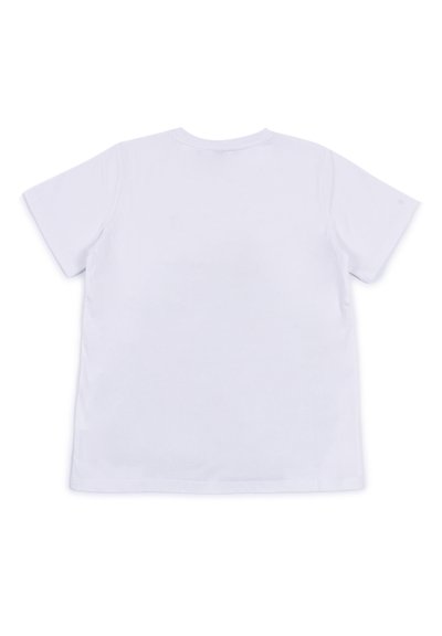 Biała bawełniana koszulka, krótki rękaw, standardowy okrągły dekolt, gładka struktura, bez widocznych logo ani wzorów, jednolity widok z tyłu.