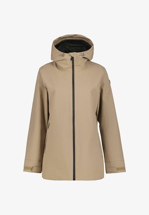 Beige waterdichte jas met een ritssluiting aan de voorkant, verstelbare capuchon en elastische manchetten. Gladde textuur met tonale stiksels en zijritszakken.