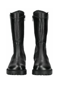 Bottes hautes en cuir noir avec une texture lisse, bout rond et semelle en caoutchouc robuste. Comprend une fermeture éclair latérale pour un enfilage facile.