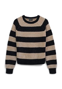 Maglione lavorato a maglia grossa con larghe righe orizzontali nere e beige, scollatura tonda e maniche lunghe.