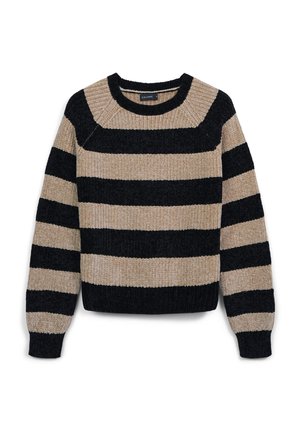 Maglione lavorato a maglia grossa con larghe righe orizzontali nere e beige, scollatura tonda e maniche lunghe.