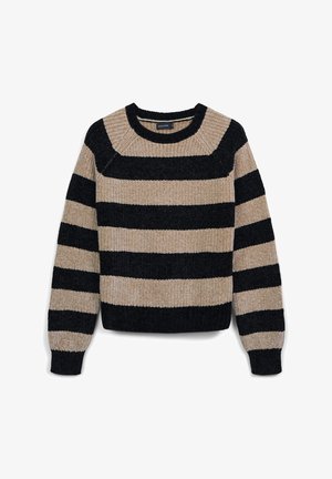 Pull en tricot épais avec de larges rayures horizontales noires et beiges, encolure ronde et manches longues.