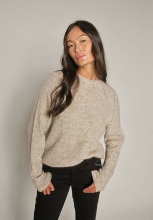 Beige knitted sweater with a textured finish, crew neckline, and dropped shoulders paired with black fitted pants. Subtle detailing on sleeves.