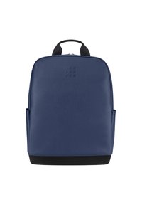 Zaino in pelle blu navy con texture liscia, due tasche laterali e fondo nero. Presenta un logo discreto davanti.